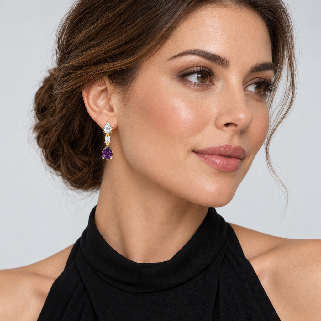 Pear Lab Grown Amethyst & Diamond Drop Earrings 14k Yellow Gold (6.60ctw) — second model view, 1.20 inches long by 0.33 inches wide