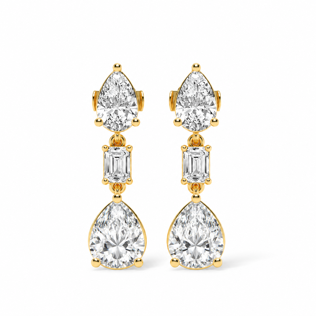Pear & Emerald Cut Lab Grown Diamond Drop Earrings 14k Yellow Gold (7.80ctw) — front view with soft shadow