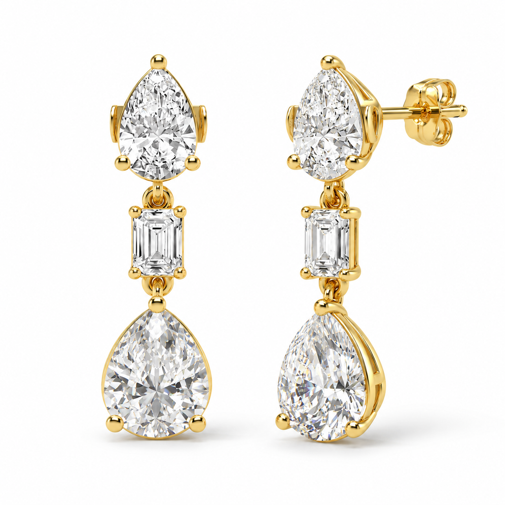 Pear & Emerald Cut Lab Grown Diamond Drop Earrings 14k Yellow Gold (7.80ctw) — front and three-quarter side view with soft shadows