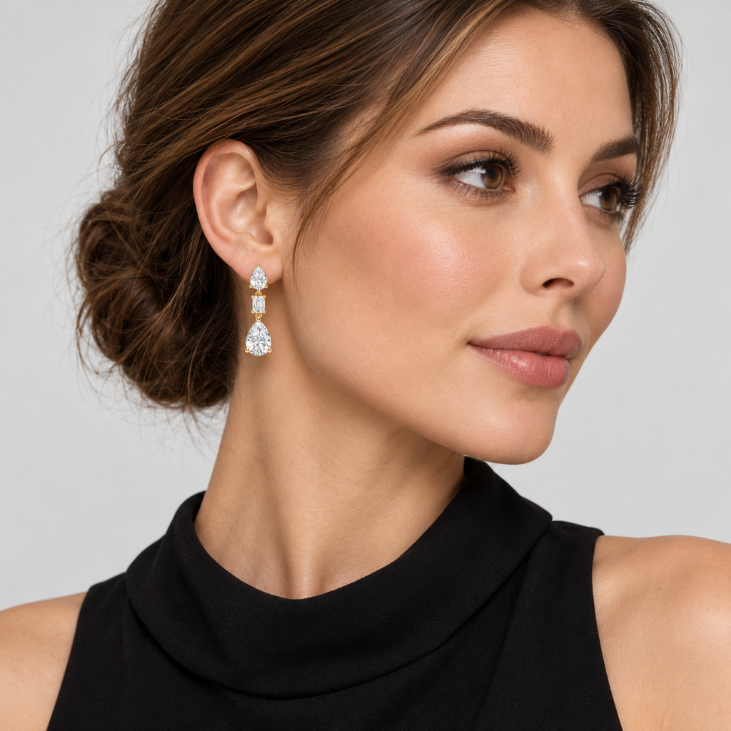 Pear & Emerald Cut Lab Grown Diamond Drop Earrings 14k Yellow Gold (7.80ctw) — second model view, 1.20 inches long by 0.33 inches wide