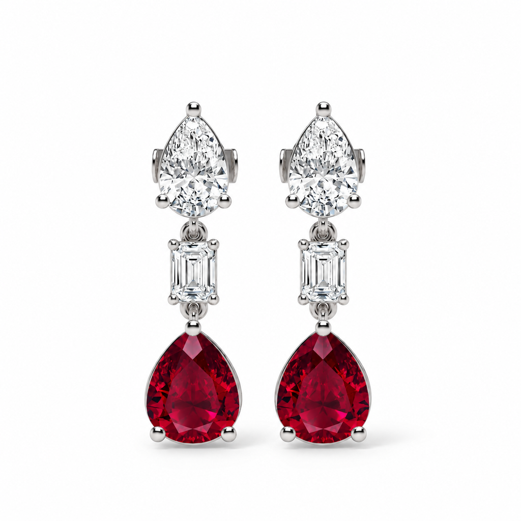 Pear Lab Grown Ruby & Diamond Drop Earrings 14k White Gold (8.50ctw) — front view with soft shadow