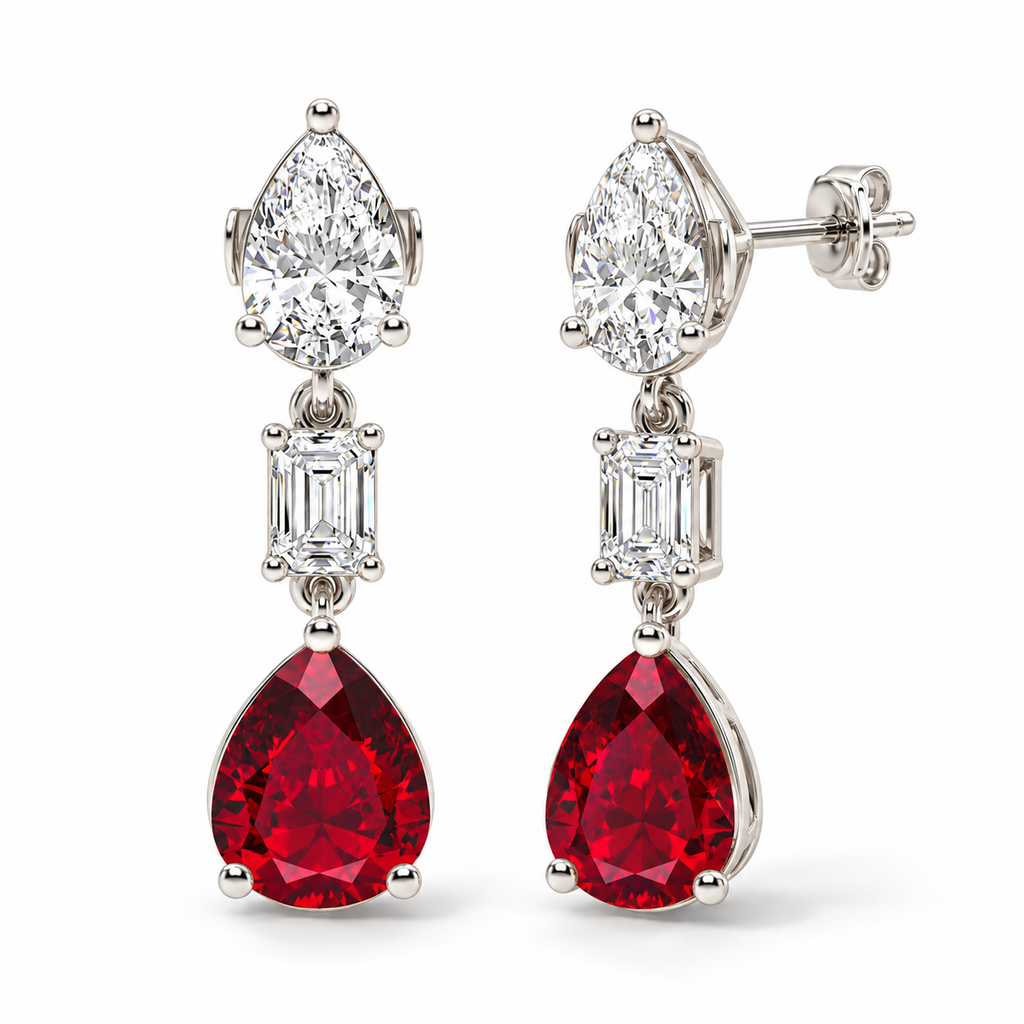 Pear Lab Grown Ruby & Diamond Drop Earrings 14k White Gold (8.50ctw) — front and three-quarter side view with soft shadows