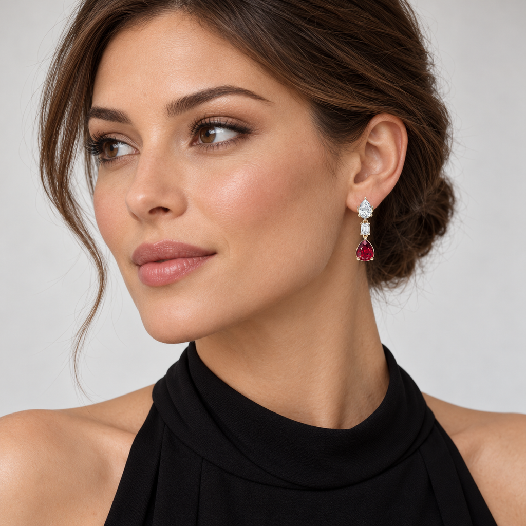 Pear Lab Grown Ruby & Diamond Drop Earrings 14k White Gold (8.50ctw) — second model view, 1.20 inches long by 0.33 inches wide