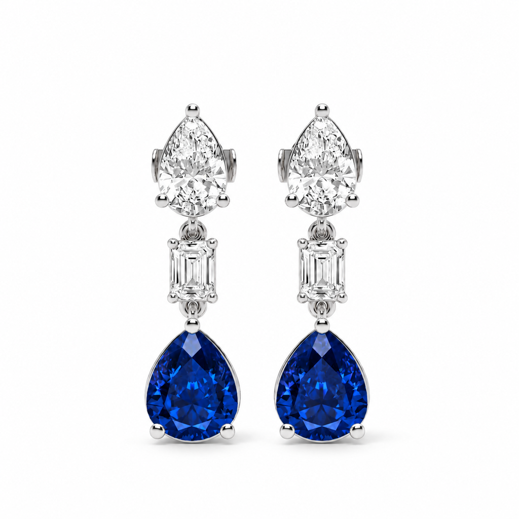 Pear Lab Grown Blue Sapphire & Diamond Drop Earrings 14k White Gold (8.50ctw) — front view with soft shadow
