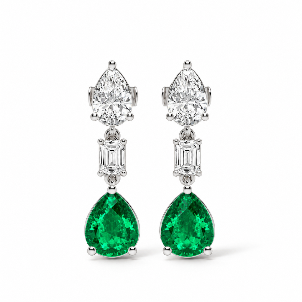 Pear Lab Grown Emerald & Diamond Drop Earrings 14k White Gold (6.70ctw) — front view with soft shadow