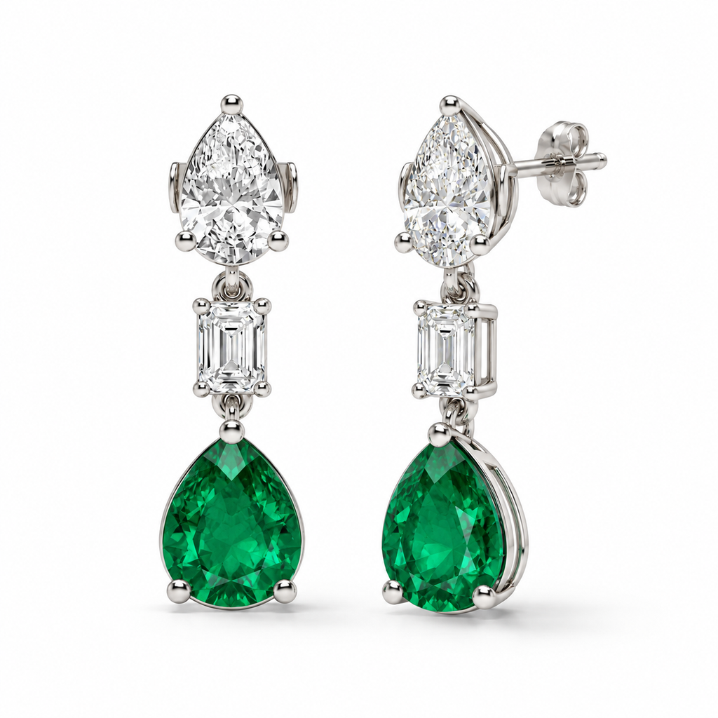 Pear Lab Grown Emerald & Diamond Drop Earrings 14k White Gold (6.70ctw) — front and three-quarter side view with soft shadows
