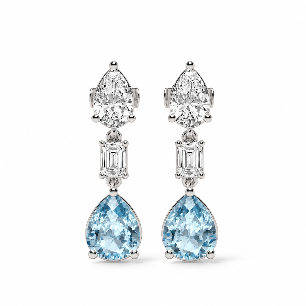 Pear Lab Grown Aquamarine & Diamond Drop Earrings 14k White Gold (6.70ctw) — front view with soft shadow