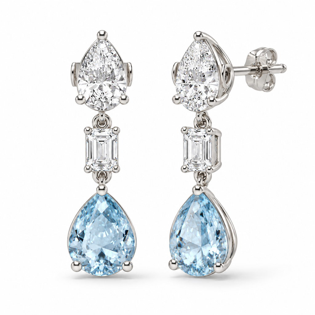 Pear Lab Grown Aquamarine & Diamond Drop Earrings 14k White Gold (6.70ctw) — front and three-quarter side view with soft shadows