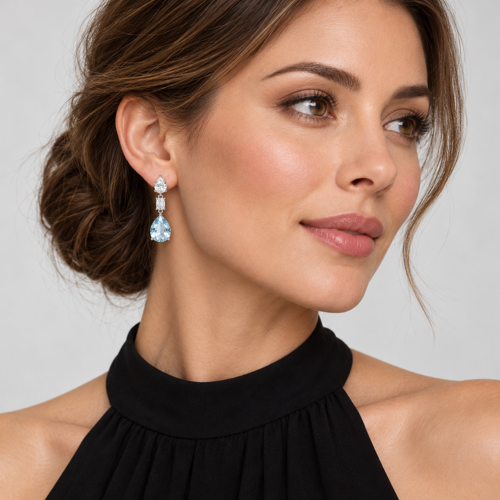 Pear Lab Grown Aquamarine & Diamond Drop Earrings 14k White Gold (6.70ctw) — second model view, 1.20 inches long by 0.33 inches wide