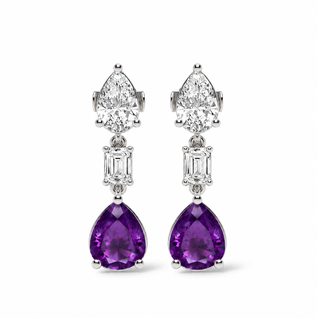 Pear Lab Grown Amethyst & Diamond Drop Earrings 14k White Gold (6.60ctw) — front view with soft shadow