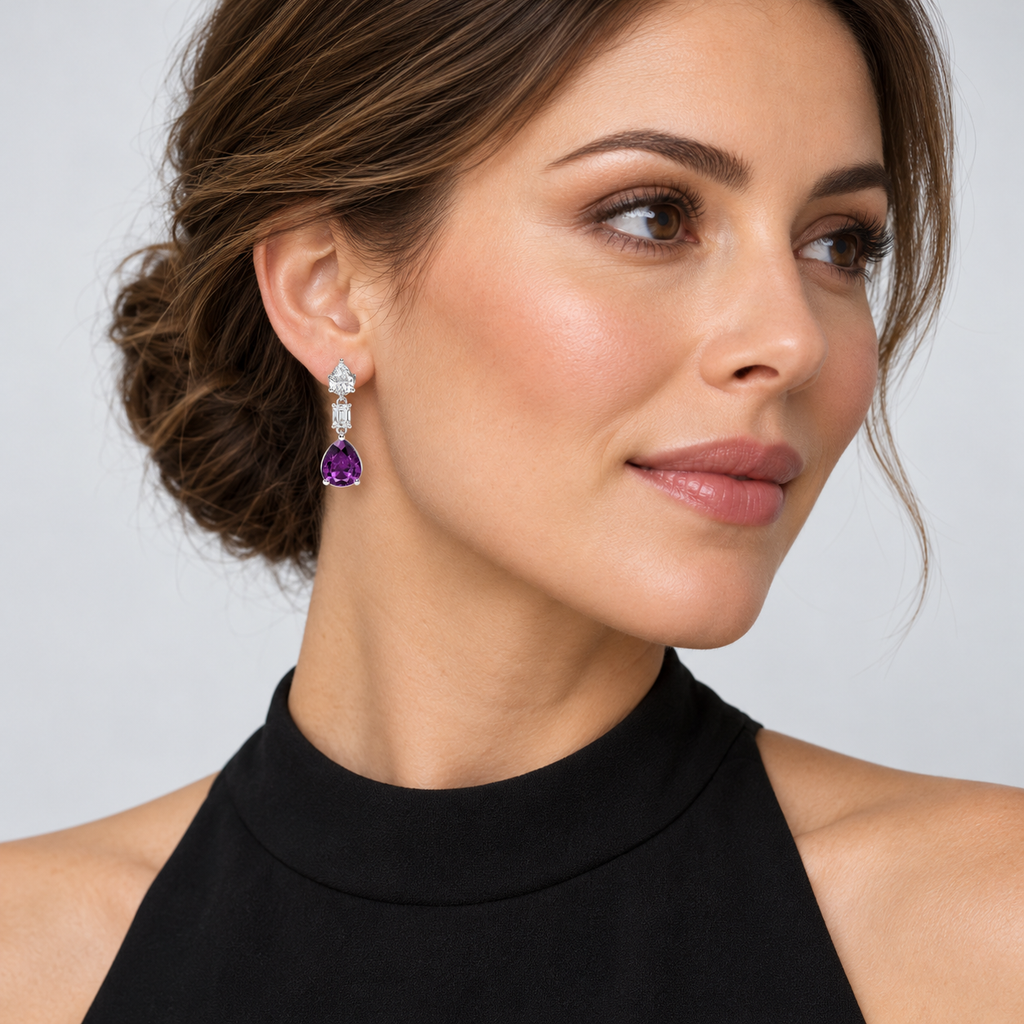 Pear Lab Grown Amethyst & Diamond Drop Earrings 14k White Gold (6.60ctw) — second model view, 1.20 inches long by 0.33 inches wide