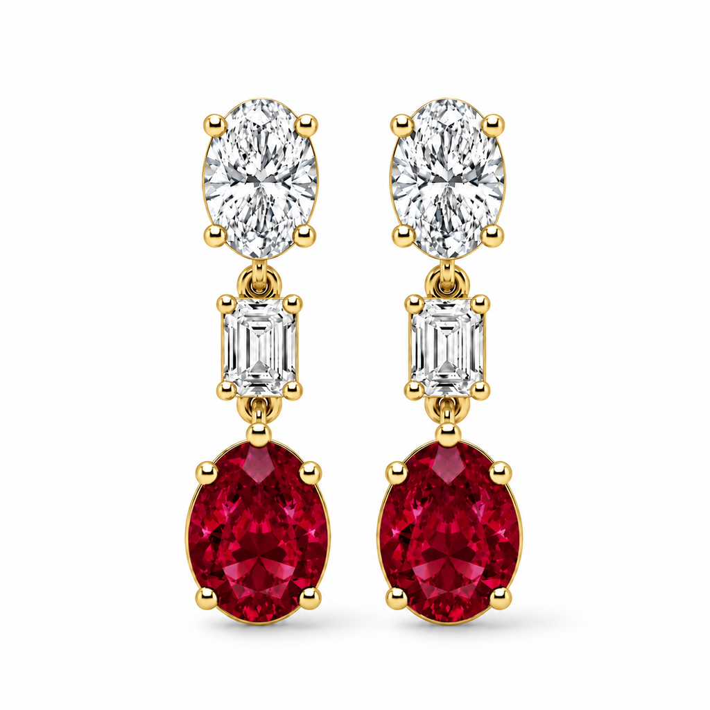 Oval Lab Grown Ruby & Diamond Drop Earrings 14k Yellow Gold (8.50ctw) — front view with soft shadow, four-prong oval setting