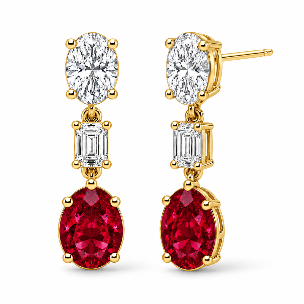 Oval Lab Grown Ruby & Diamond Drop Earrings 14k Yellow Gold (8.50ctw) — four-prong front and three-quarter side view with soft shadows