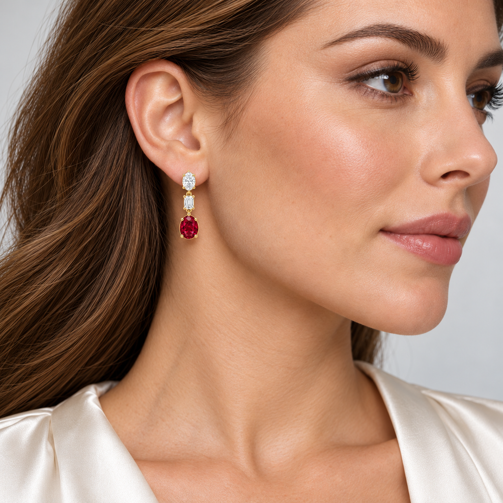 Oval Lab Grown Ruby & Diamond Drop Earrings 14k Yellow Gold (8.50ctw) — first model view, four-prong setting, 1.20 inches long by 0.33 inches wide