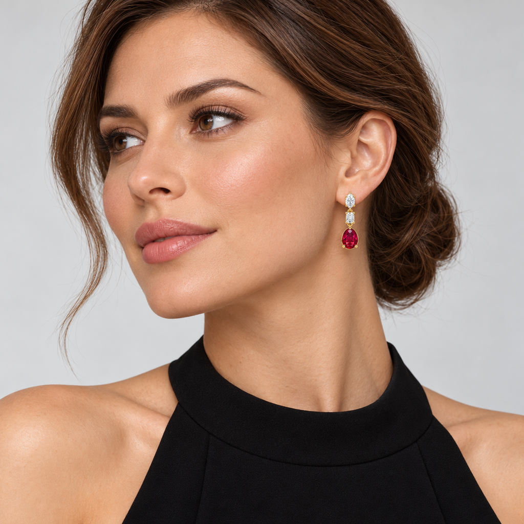 Oval Lab Grown Ruby & Diamond Drop Earrings 14k Yellow Gold (8.50ctw) — second model view, four-prong setting, 1.20 inches long by 0.33 inches wide