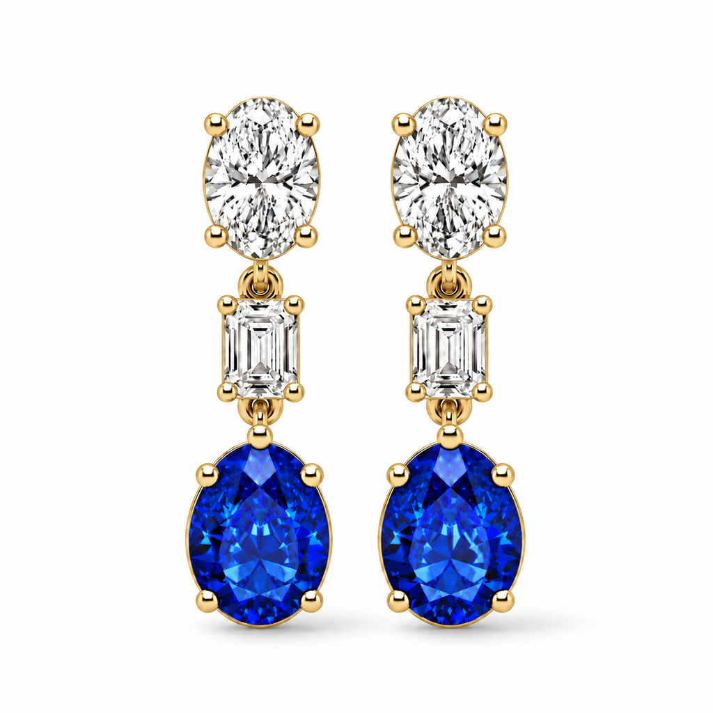 Oval Lab Grown Blue Sapphire & Diamond Drop Earrings 14k Yellow Gold (8.50ctw) — front view with soft shadow, four-prong oval setting