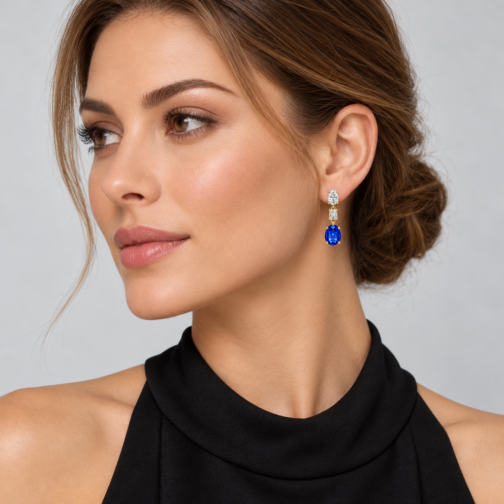 Oval Lab Grown Blue Sapphire & Diamond Drop Earrings 14k Yellow Gold (8.50ctw) — second model view, four-prong setting, 1.20 inches long by 0.33 inches wide