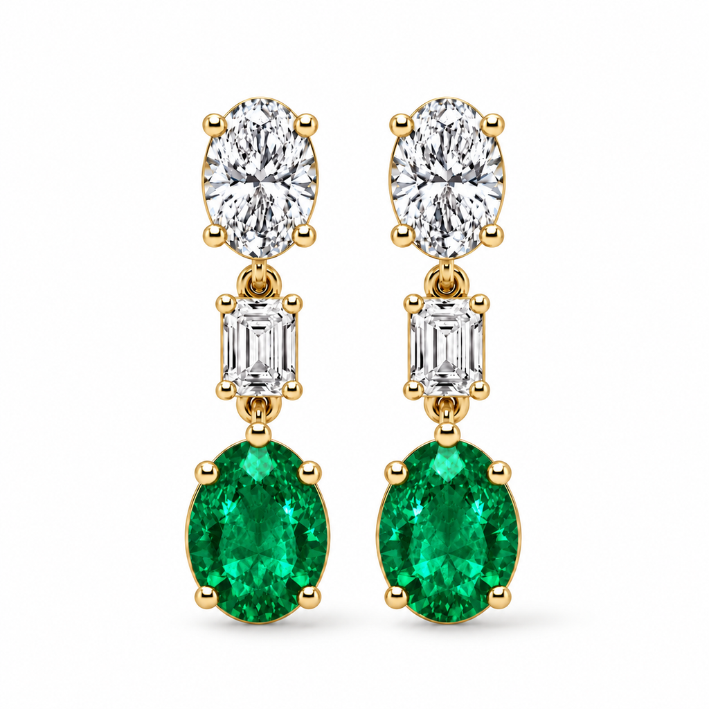 Oval Lab Grown Emerald & Diamond Drop Earrings 14k Yellow Gold (6.70ctw) — front view with soft shadow, four-prong oval setting