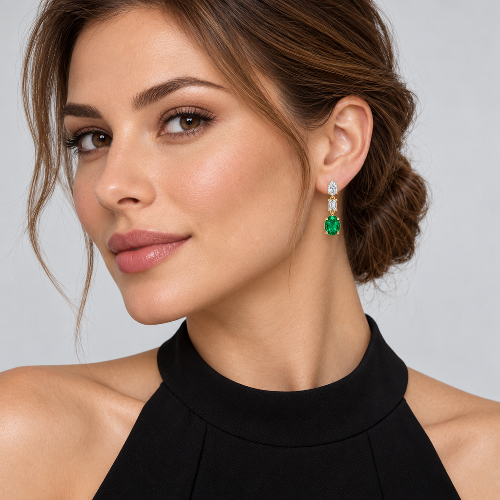 Oval Lab Grown Emerald & Diamond Drop Earrings 14k Yellow Gold (6.70ctw) — second model view, four-prong setting, 1.20 inches long by 0.33 inches wide