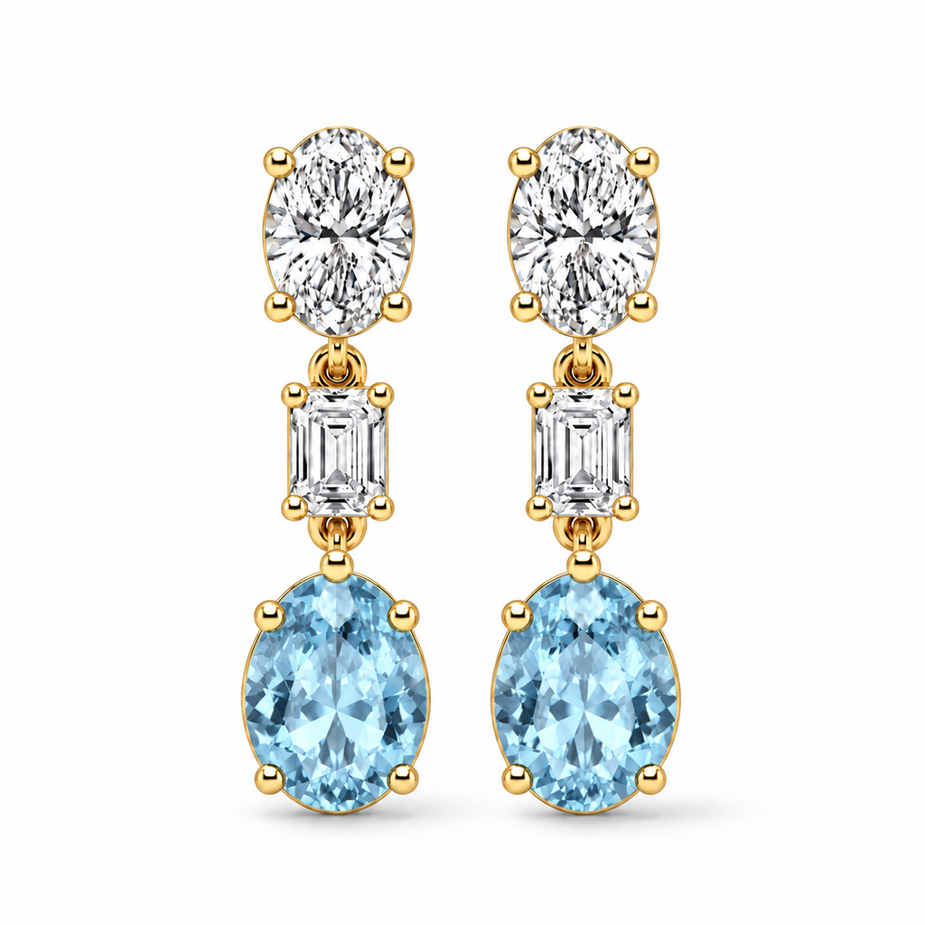 Oval Lab Grown Aquamarine & Diamond Drop Earrings 14k Yellow Gold (6.70ctw) — front view with soft shadow, four-prong oval setting