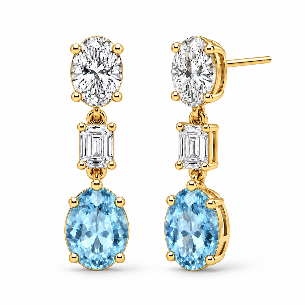Oval Lab Grown Aquamarine & Diamond Drop Earrings 14k Yellow Gold (6.70ctw) — four-prong front and three-quarter side view with soft shadows