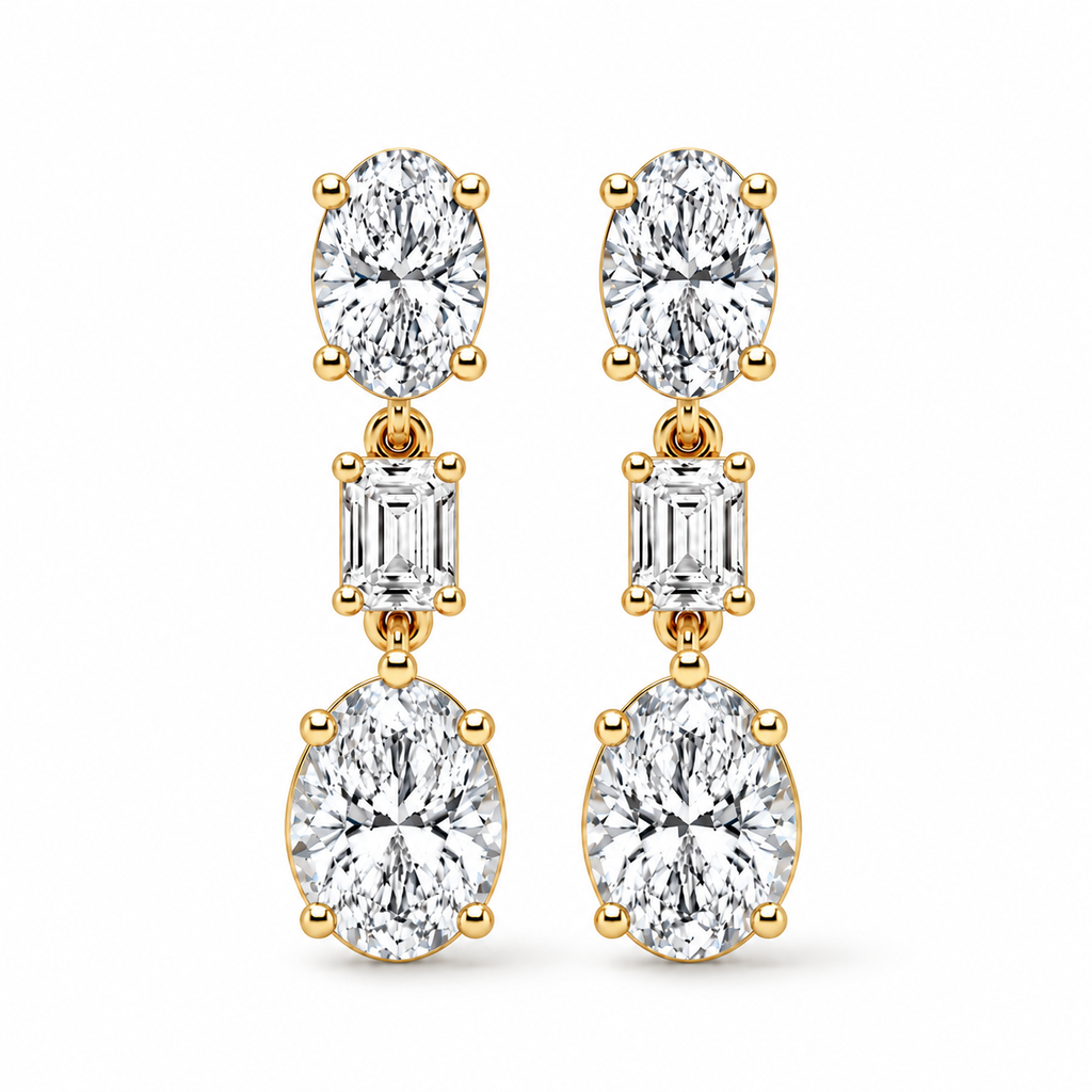 Oval & Emerald Cut Lab Grown Diamond Drop Earrings 14k Yellow Gold (7.80ctw) — front view with soft shadow, four-prong oval setting