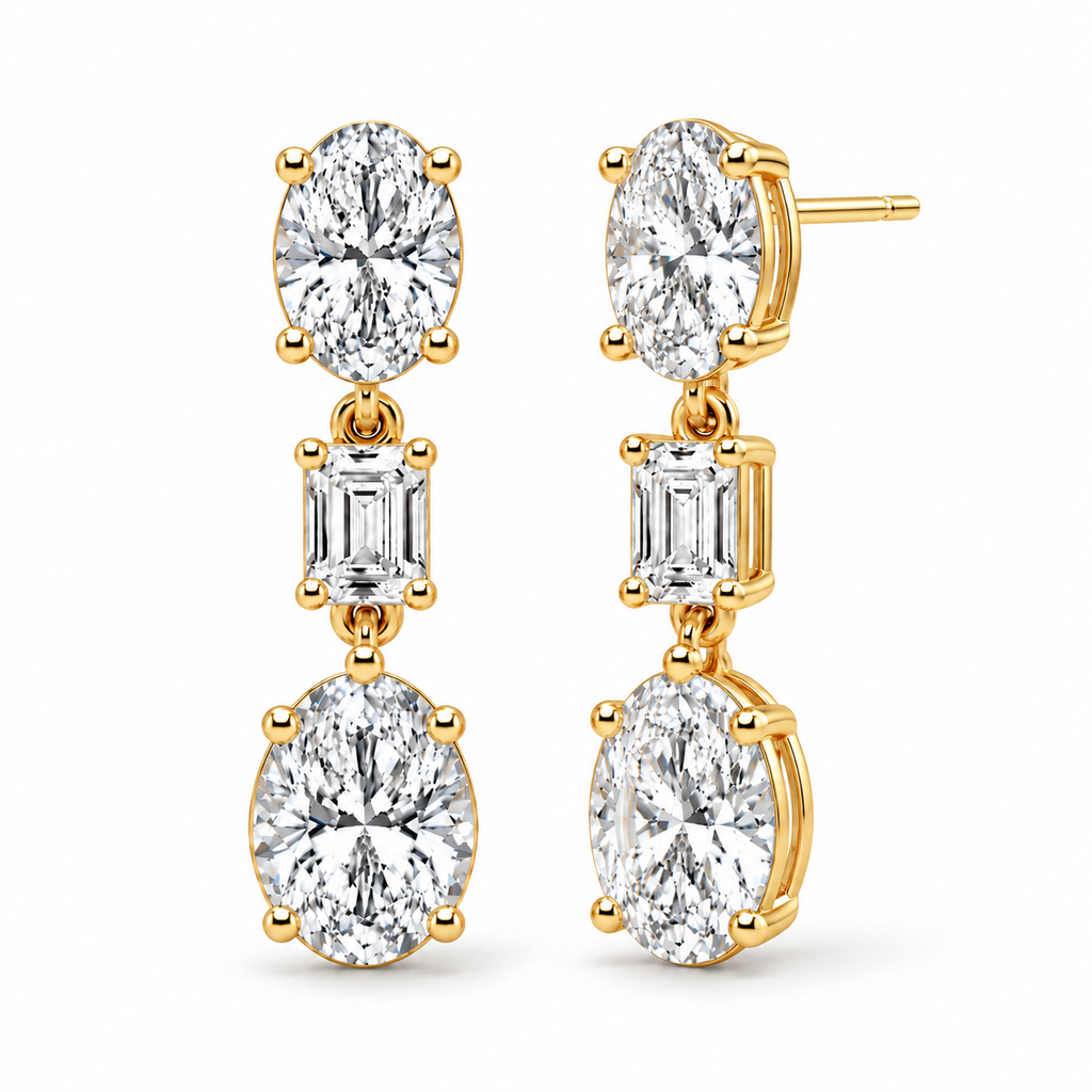 Oval & Emerald Cut Lab Grown Diamond Drop Earrings 14k Yellow Gold (7.80ctw) — four-prong front and three-quarter side view with soft shadows