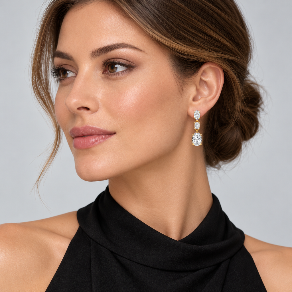 Oval & Emerald Cut Lab Grown Diamond Drop Earrings 14k Yellow Gold (7.80ctw) — second model view, four-prong setting, 1.20 inches long by 0.33 inches wide