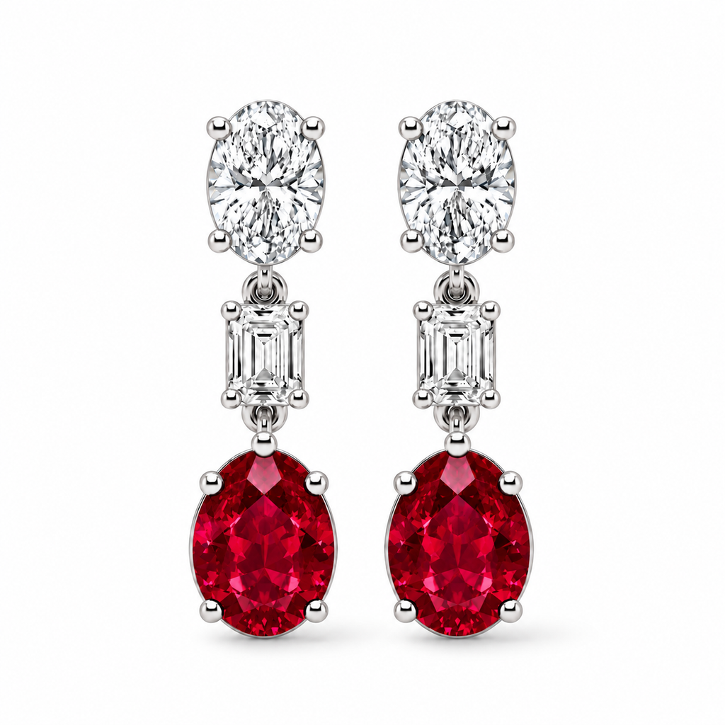 Oval Lab Grown Ruby & Diamond Drop Earrings 14k White Gold (8.50ctw) — front view with soft shadow, four-prong oval setting