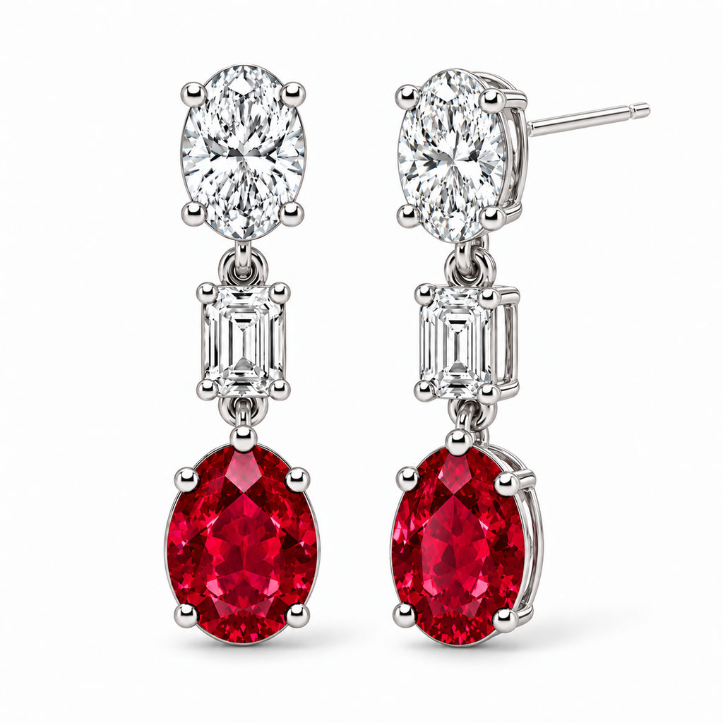 Oval Lab Grown Ruby & Diamond Drop Earrings 14k White Gold (8.50ctw) — four-prong front and three-quarter side view with soft shadows