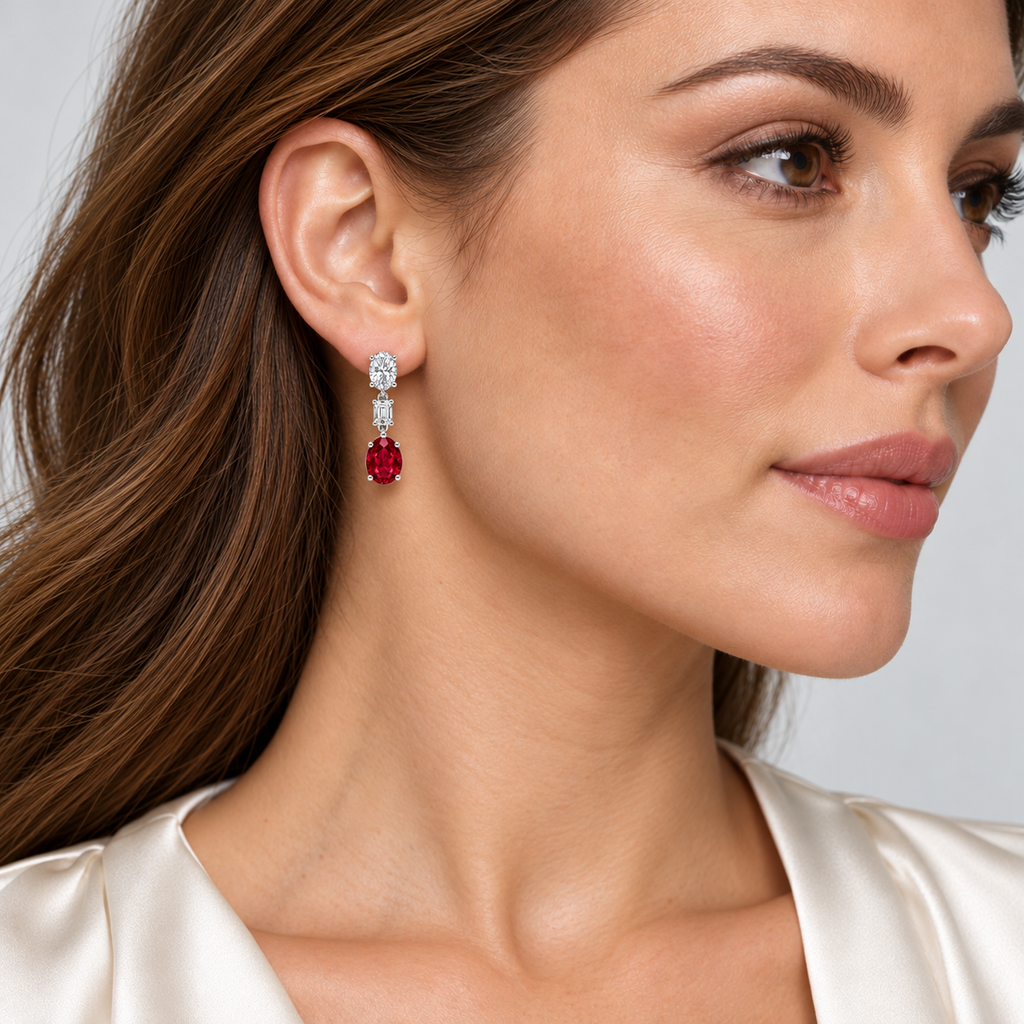 Oval Lab Grown Ruby & Diamond Drop Earrings 14k White Gold (8.50ctw) — first model view, four-prong setting, 1.20 inches long by 0.33 inches wide