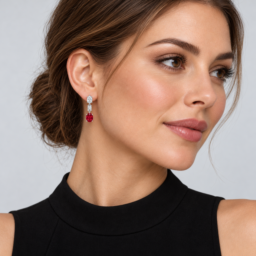 Oval Lab Grown Ruby & Diamond Drop Earrings 14k White Gold (8.50ctw) — second model view, four-prong setting, 1.20 inches long by 0.33 inches wide