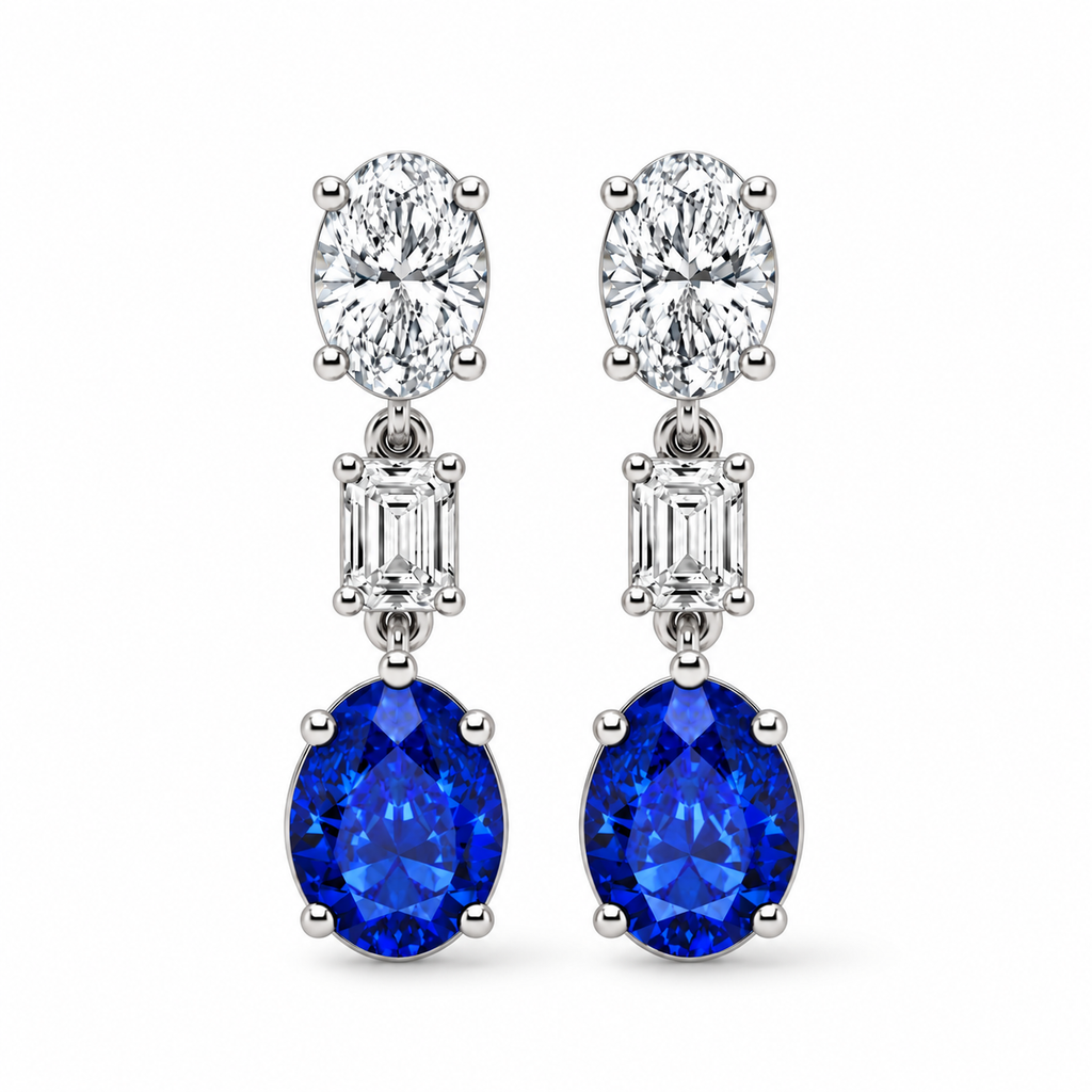 Oval Lab Grown Blue Sapphire & Diamond Drop Earrings 14k White Gold (8.50ctw) — front view with soft shadow, four-prong oval setting
