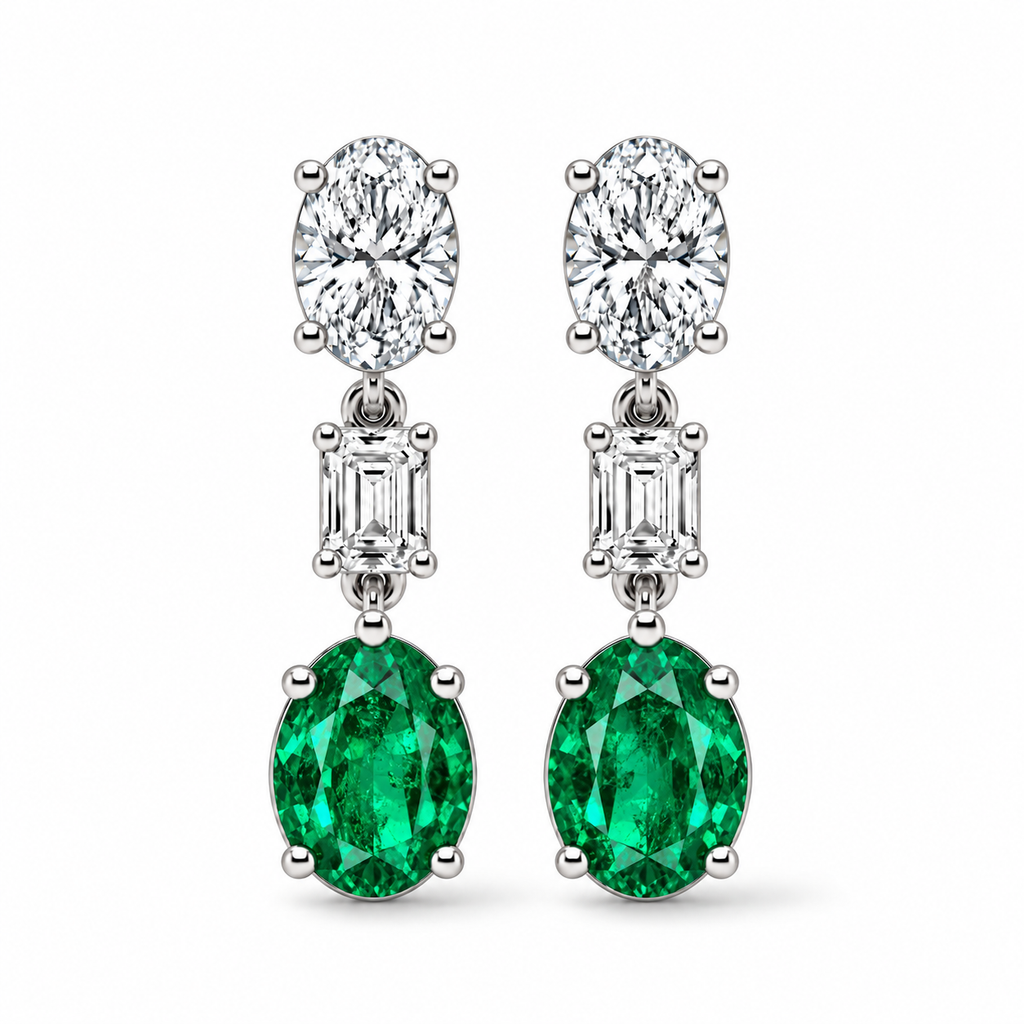 Oval Lab Grown Emerald & Diamond Drop Earrings 14k White Gold (6.70ctw) — front view with soft shadow, four-prong oval setting