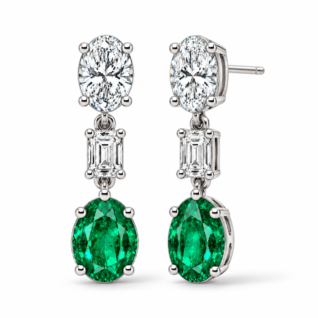 Oval Lab Grown Emerald & Diamond Drop Earrings 14k White Gold (6.70ctw) — four-prong front and three-quarter side view with soft shadows