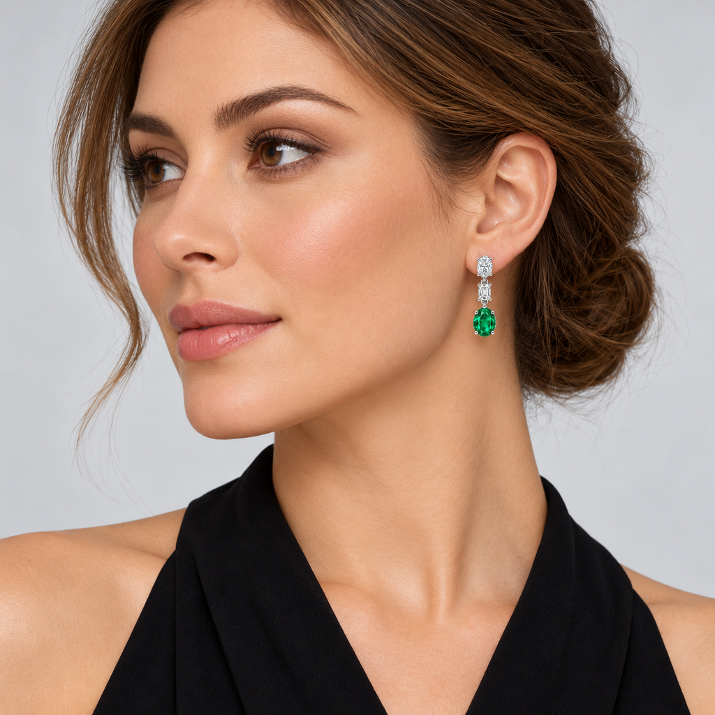 Oval Lab Grown Emerald & Diamond Drop Earrings 14k White Gold (6.70ctw) — second model view, four-prong setting, 1.20 inches long by 0.33 inches wide