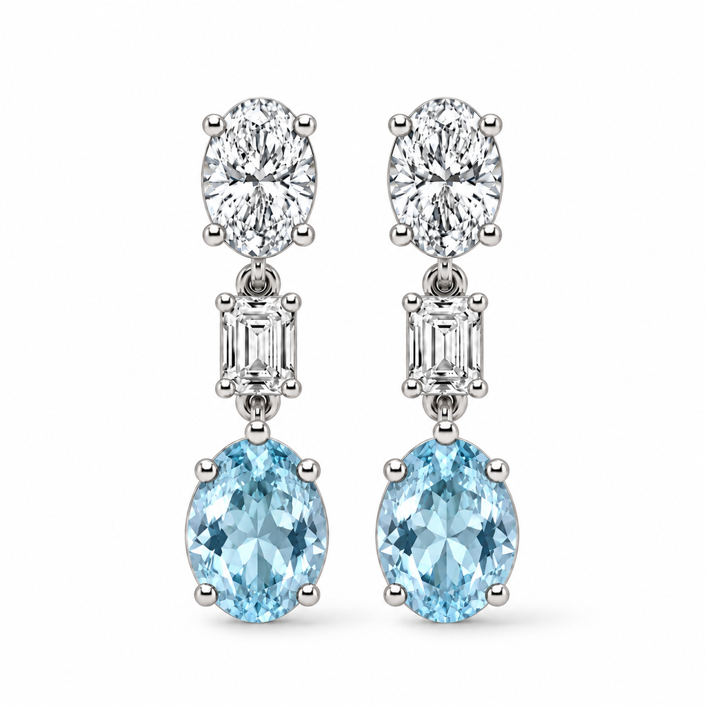Oval Lab Grown Aquamarine & Diamond Drop Earrings 14k White Gold (6.70ctw) — front view with soft shadow, four-prong oval setting