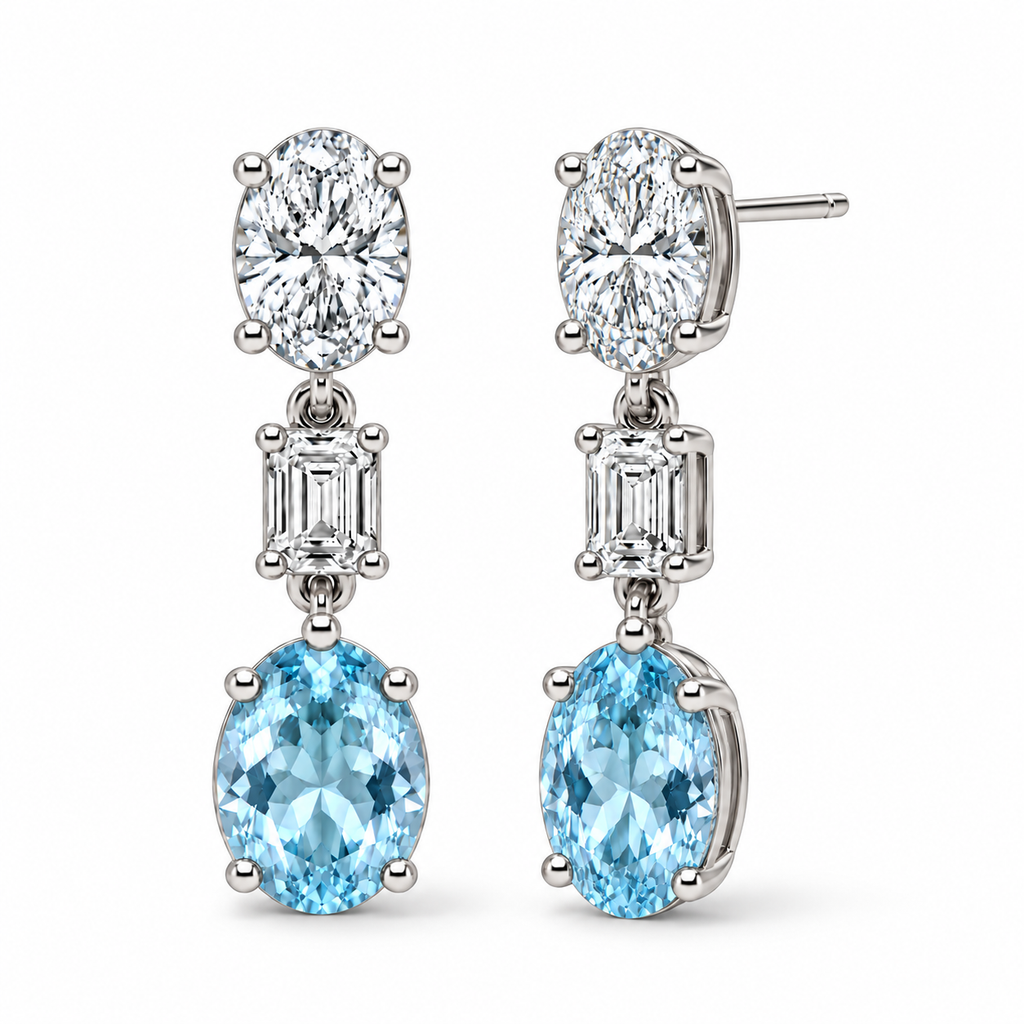 Oval Lab Grown Aquamarine & Diamond Drop Earrings 14k White Gold (6.70ctw) — four-prong front and three-quarter side view with soft shadows