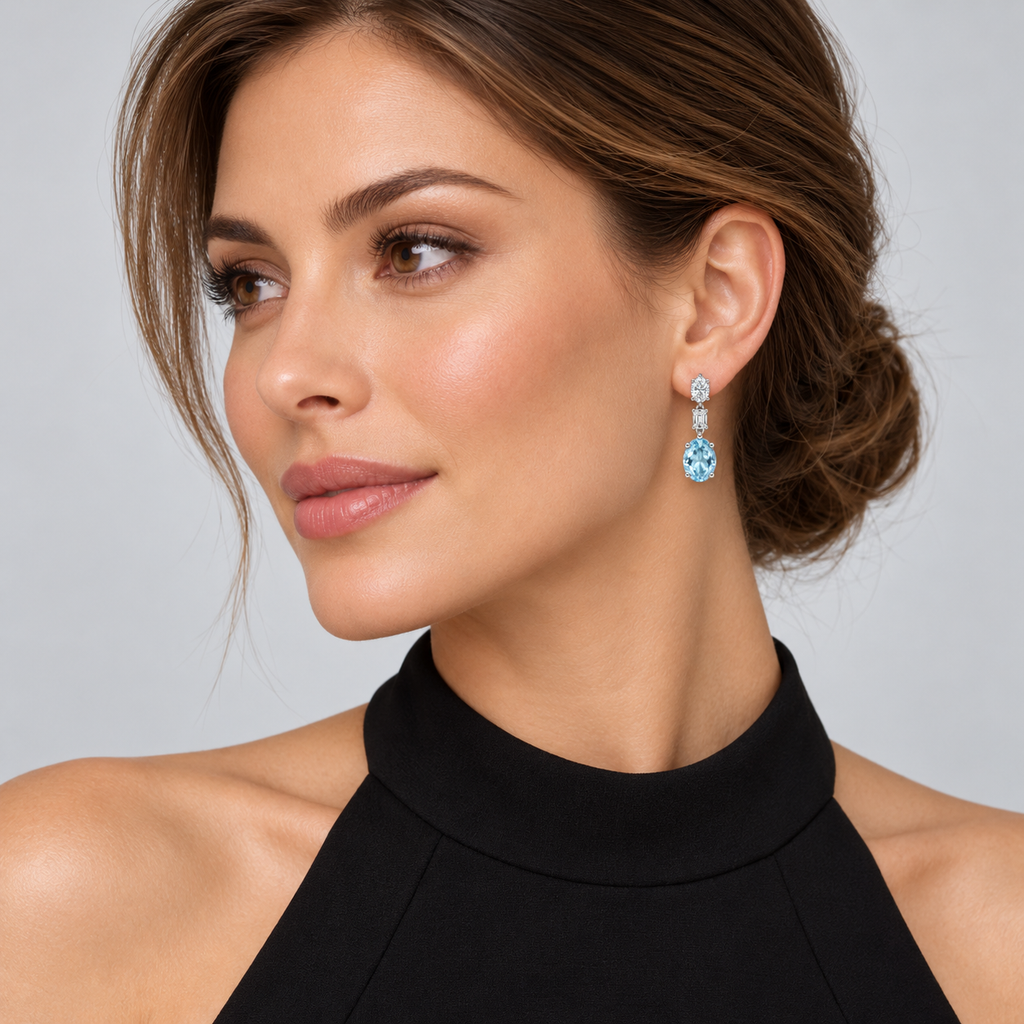 Oval Lab Grown Aquamarine & Diamond Drop Earrings 14k White Gold (6.70ctw) — second model view, four-prong setting, 1.20 inches long by 0.33 inches wide