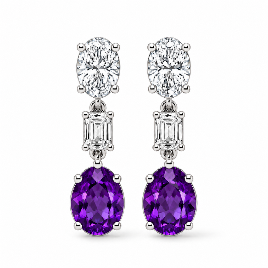 Oval Lab Grown Amethyst & Diamond Drop Earrings 14k White Gold (6.60ctw) — front view with soft shadow, four-prong oval setting