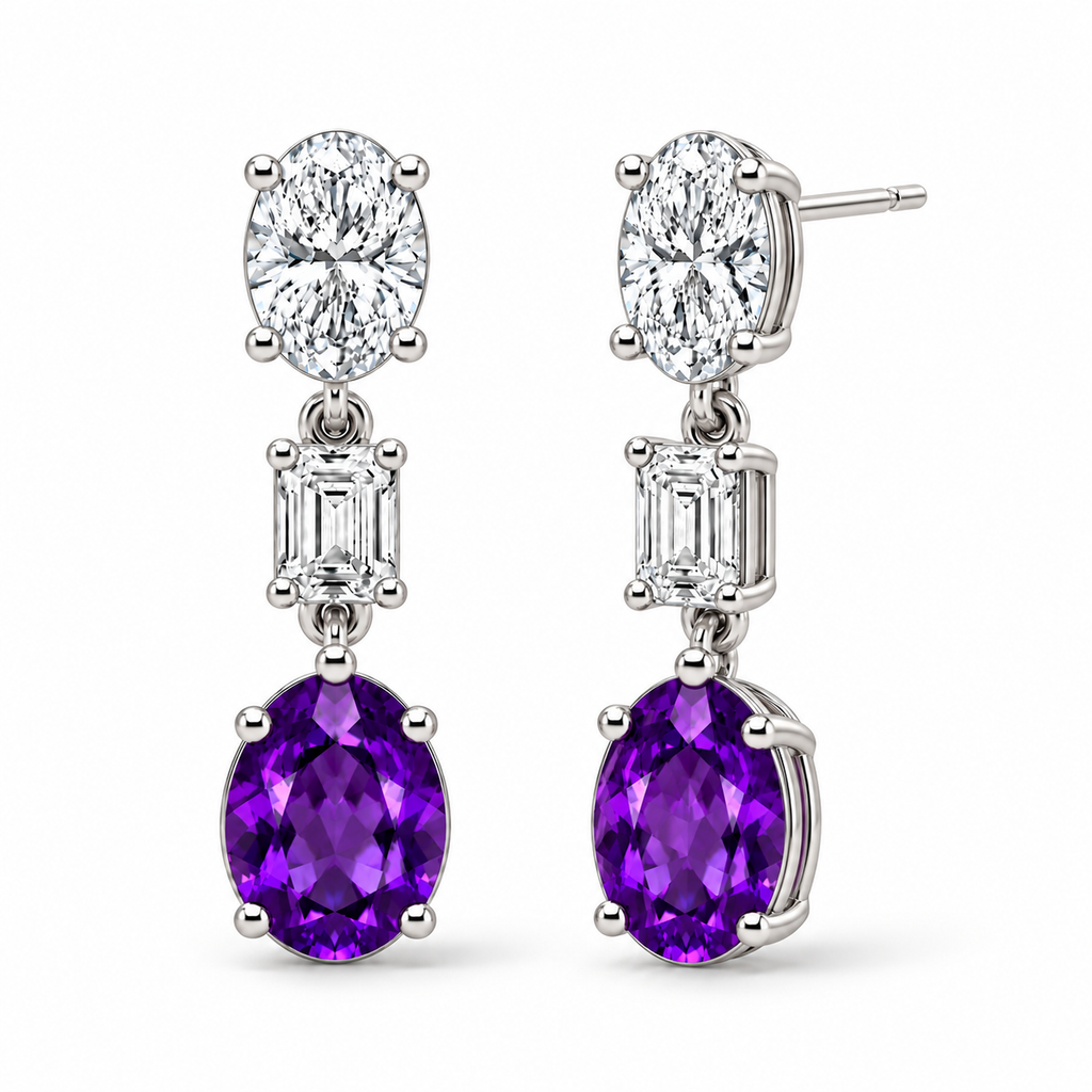 Oval Lab Grown Amethyst & Diamond Drop Earrings 14k White Gold (6.60ctw) — four-prong front and three-quarter side view with soft shadows