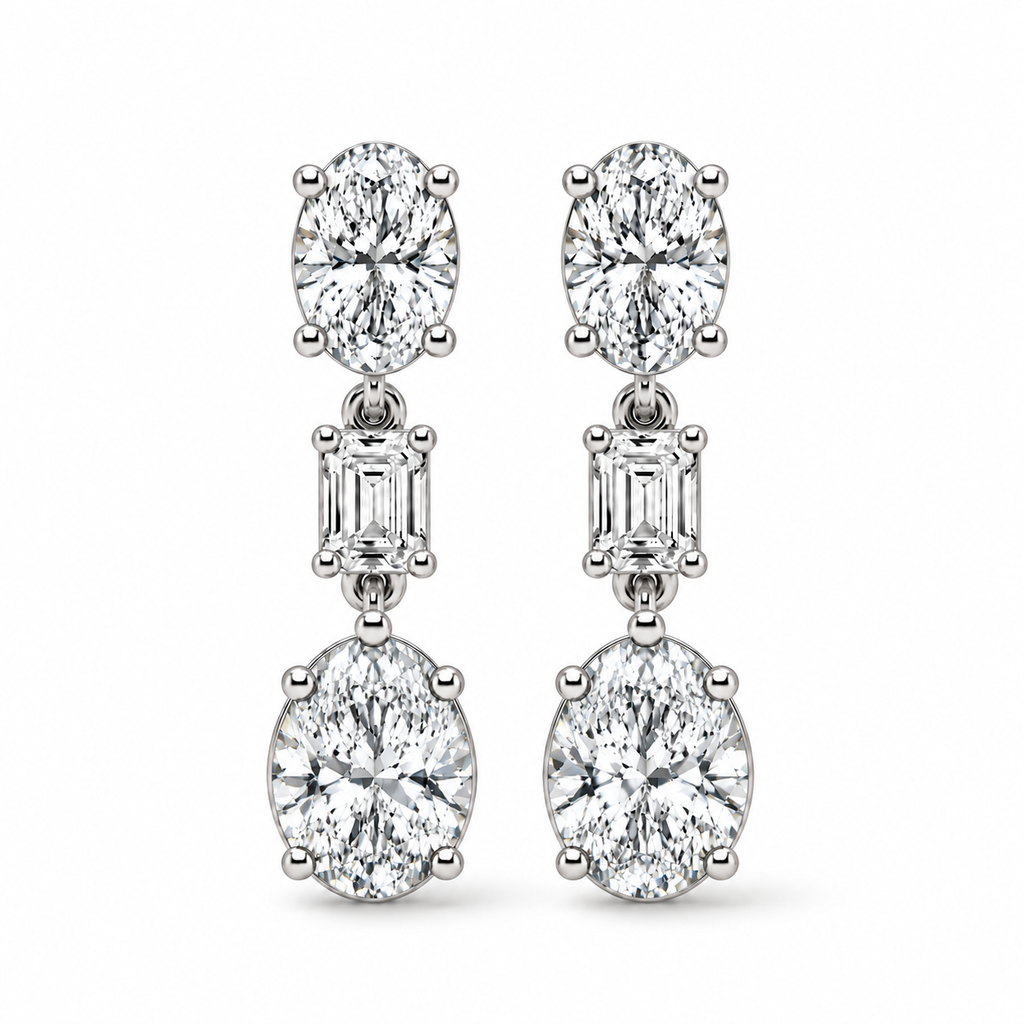 Oval & Emerald Cut Lab Grown Diamond Drop Earrings 14k White Gold (7.80ctw) — front view with soft shadow, four-prong oval setting