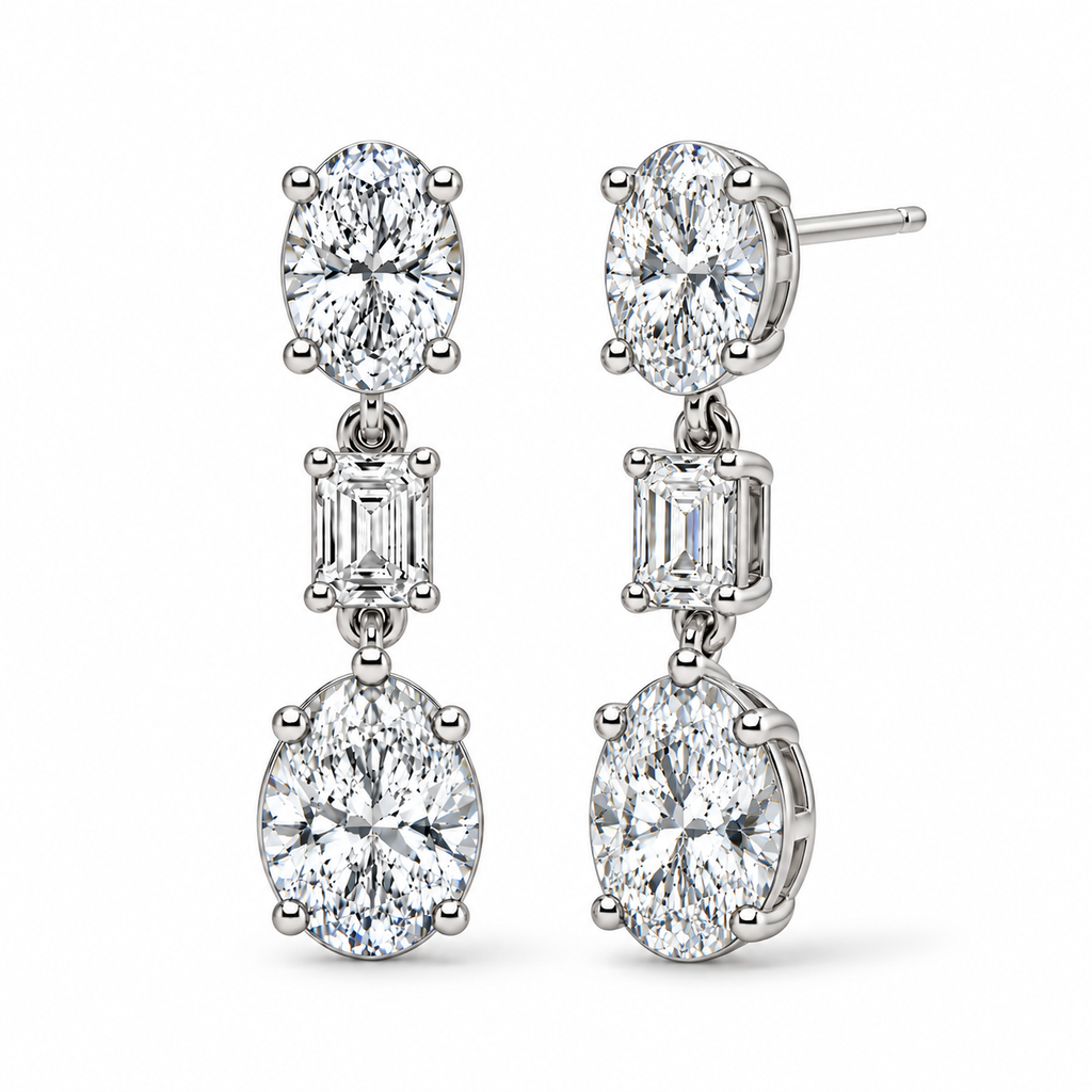 Oval & Emerald Cut Lab Grown Diamond Drop Earrings 14k White Gold (7.80ctw) — four-prong front and three-quarter side view with soft shadows