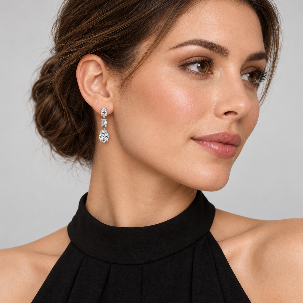 Oval & Emerald Cut Lab Grown Diamond Drop Earrings 14k White Gold (7.80ctw) — second model view, four-prong setting, 1.20 inches long by 0.33 inches wide