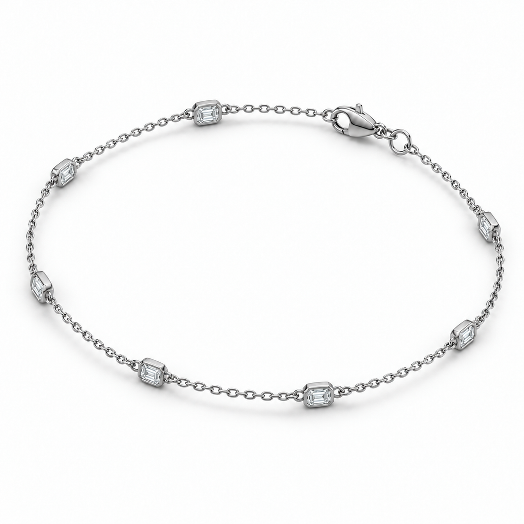 1.00ctw emerald-cut lab-grown Diamonds by the Yard bezel station anklet in 14k white gold - side and front angle