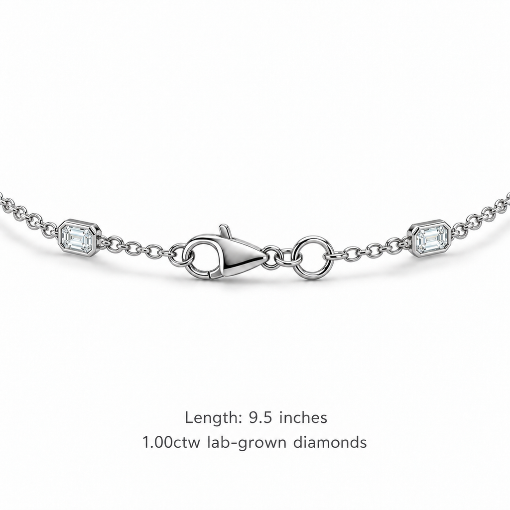 1.00ctw emerald-cut lab-grown Diamonds by the Yard bezel station anklet in 14k white gold - lobster clasp and 9.5 inch length