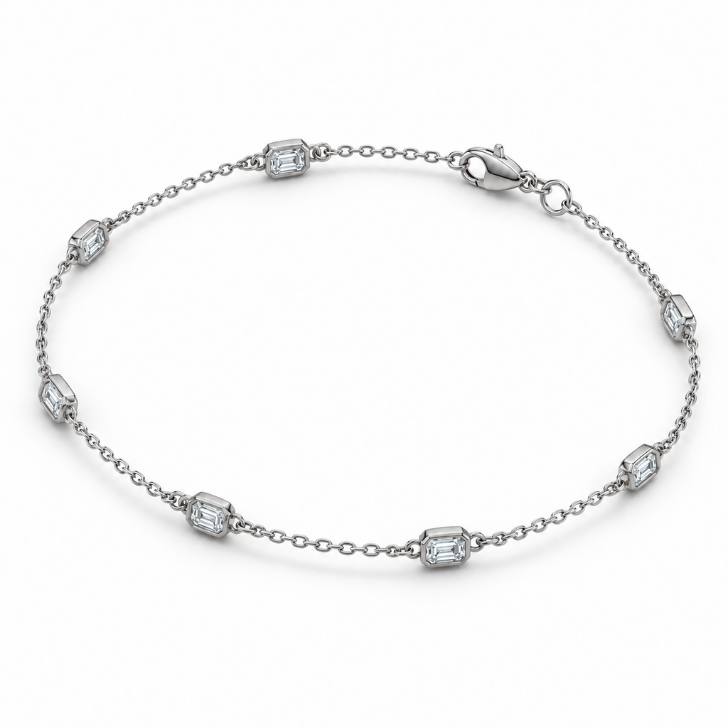1.50ctw emerald-cut lab-grown Diamonds by the Yard bezel station anklet in 14k white gold - side and front angle