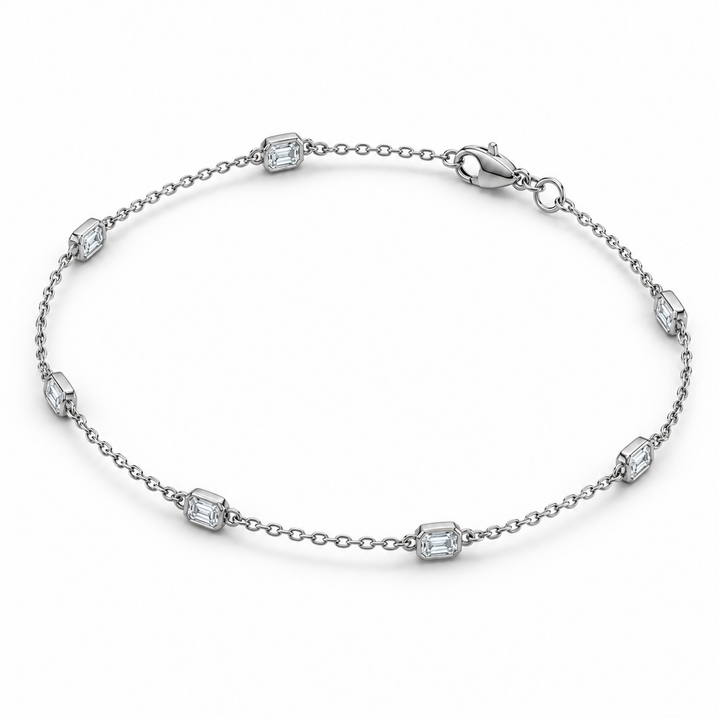 2.00ctw emerald-cut lab-grown Diamonds by the Yard bezel station anklet in 14k white gold - side and front angle