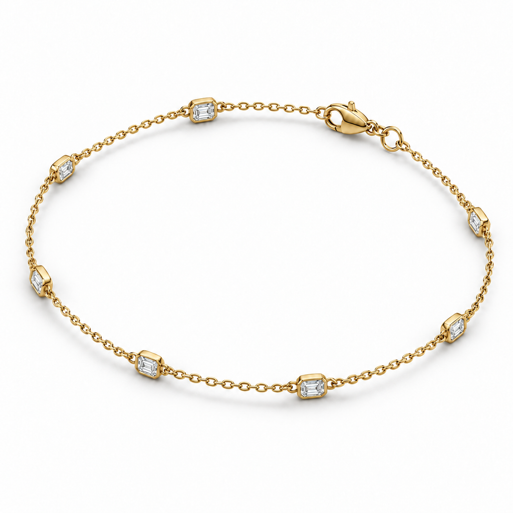1.00ctw emerald-cut lab-grown Diamonds by the Yard bezel station anklet in 14k yellow gold - side and front angle