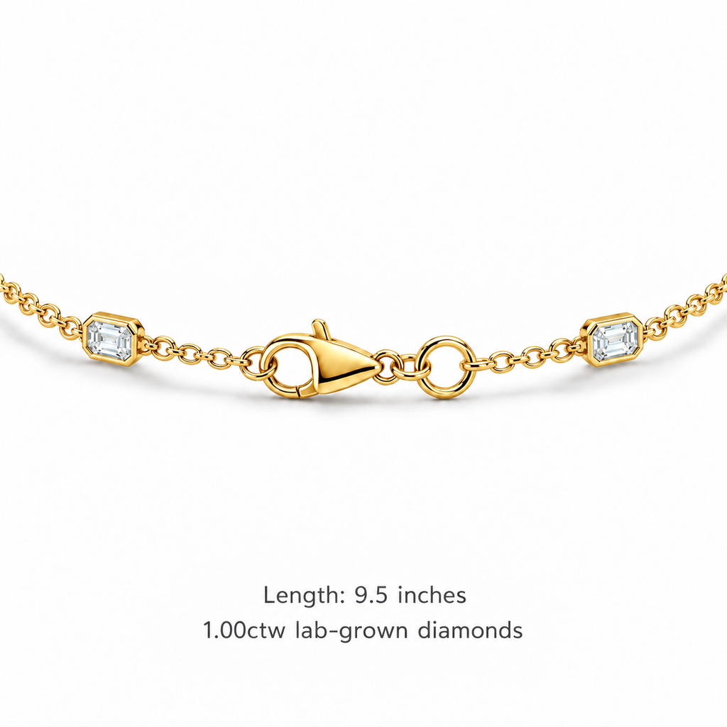 1.00ctw emerald-cut lab-grown Diamonds by the Yard bezel station anklet in 14k yellow gold - lobster clasp and 9.5 inch length
